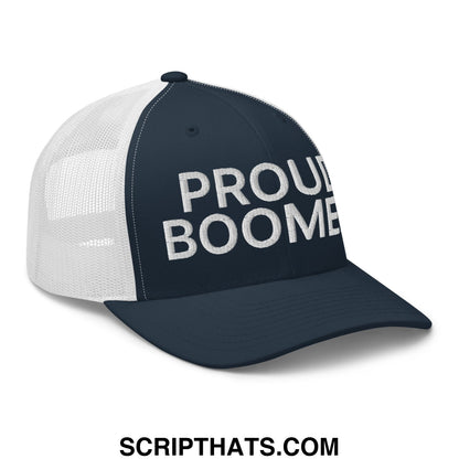 Navy blue and white mesh trucker hat with embroidered proud boomer text in bold stitched letters