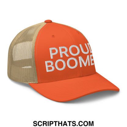Orange and tan mesh trucker hat with white embroidered proud boomer text on front panel
