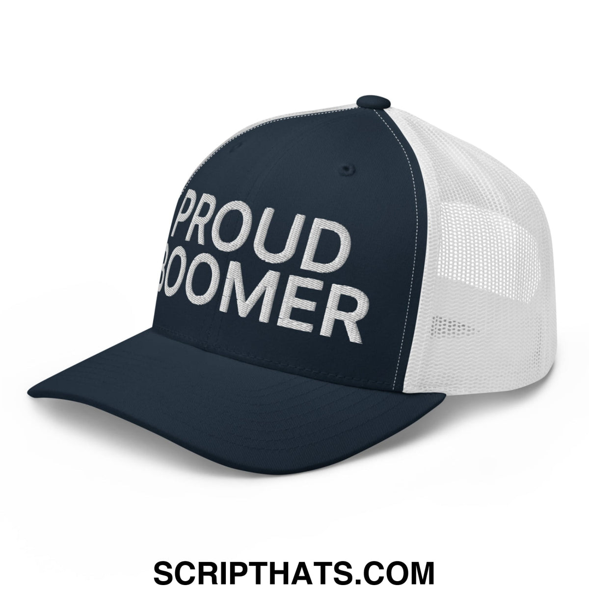 Navy blue and white mesh trucker hat with proud boomer embroidered in bold textured silver thread on front panel