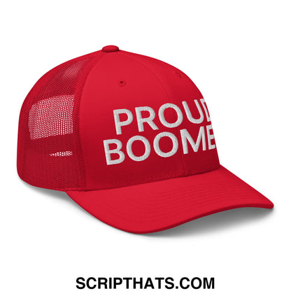 Red mesh trucker hat with white embroidered proud boomer text on the front panel for casual wear