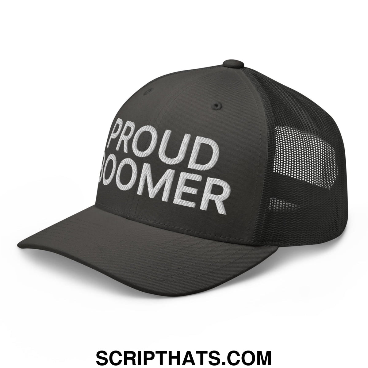Black mesh trucker hat with white embroidered proud boomer text on the front panel for casual wear