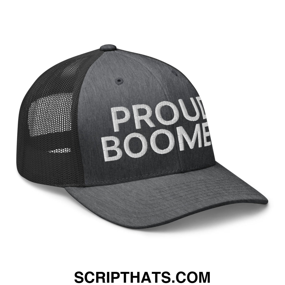 Black mesh trucker hat with white embroidered proud boomer text on the front panel for casual wear