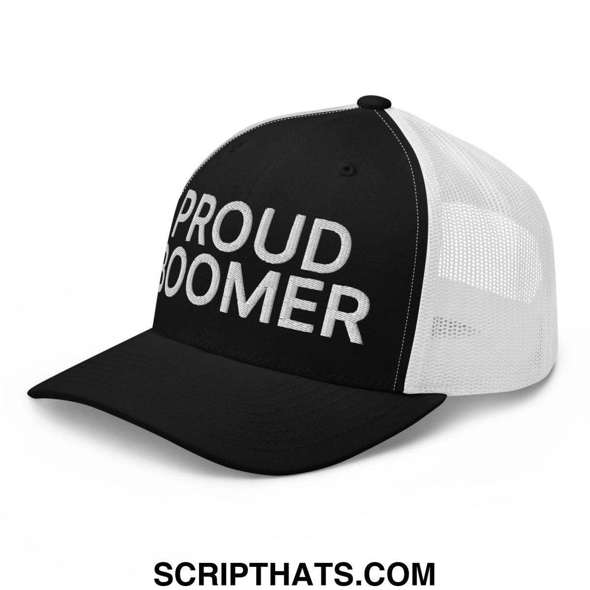Black and white mesh trucker hat with proud boomer embroidered in bold textured silver lettering on front