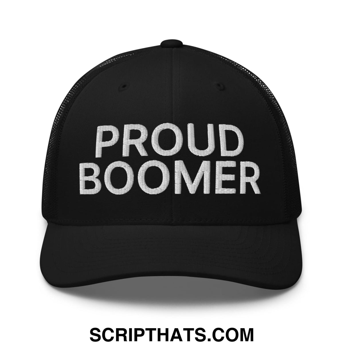 Black mesh trucker hat with white embroidered proud boomer text featuring breathable design for casual wear