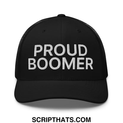Black mesh trucker hat with white embroidered proud boomer text featuring breathable design for casual wear