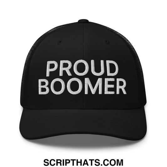 Black mesh trucker hat with white embroidered proud boomer text featuring breathable design for casual wear