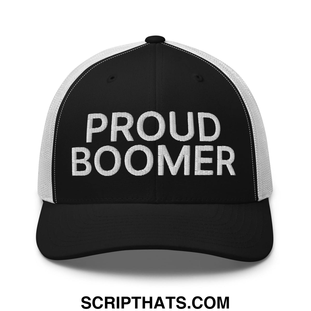 Black and white mesh trucker hat with proud boomer embroidered in bold textured silver thread on the front