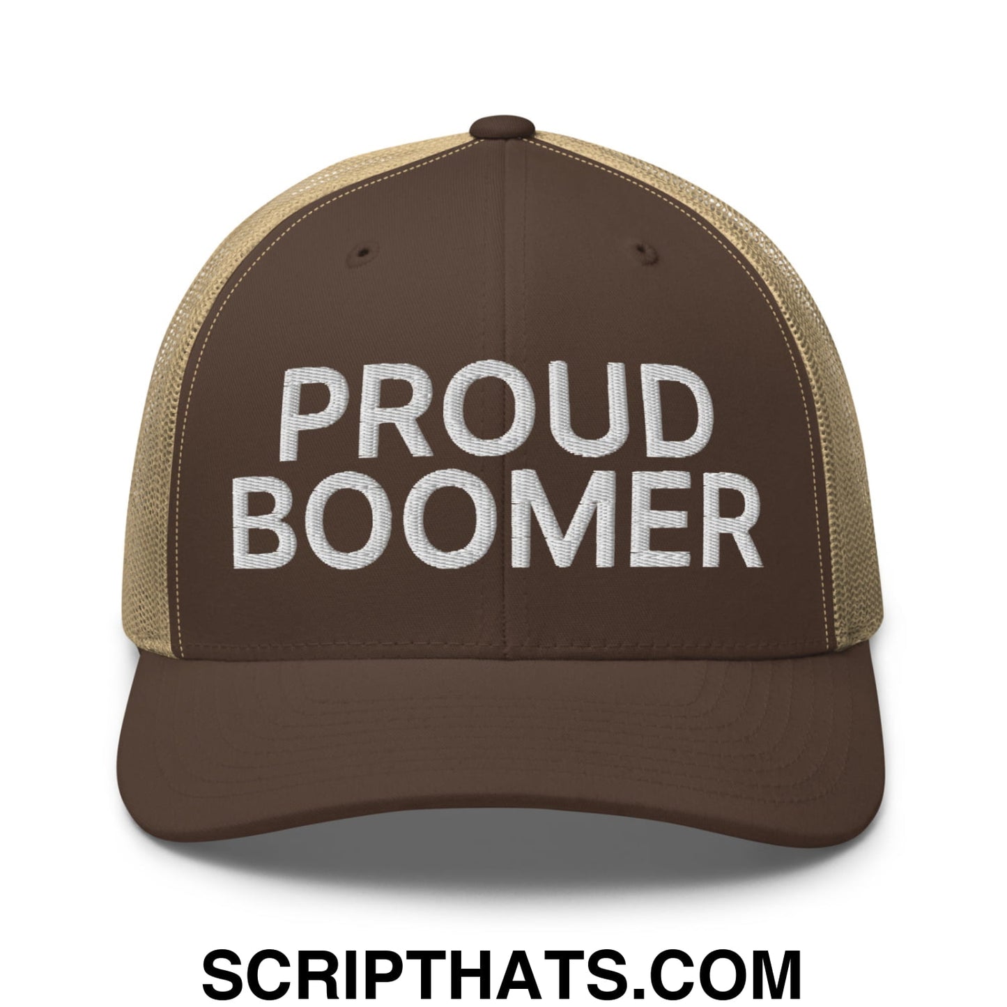 Proud Boomer Embroidered Mesh Trucker Hat Brown Khaki