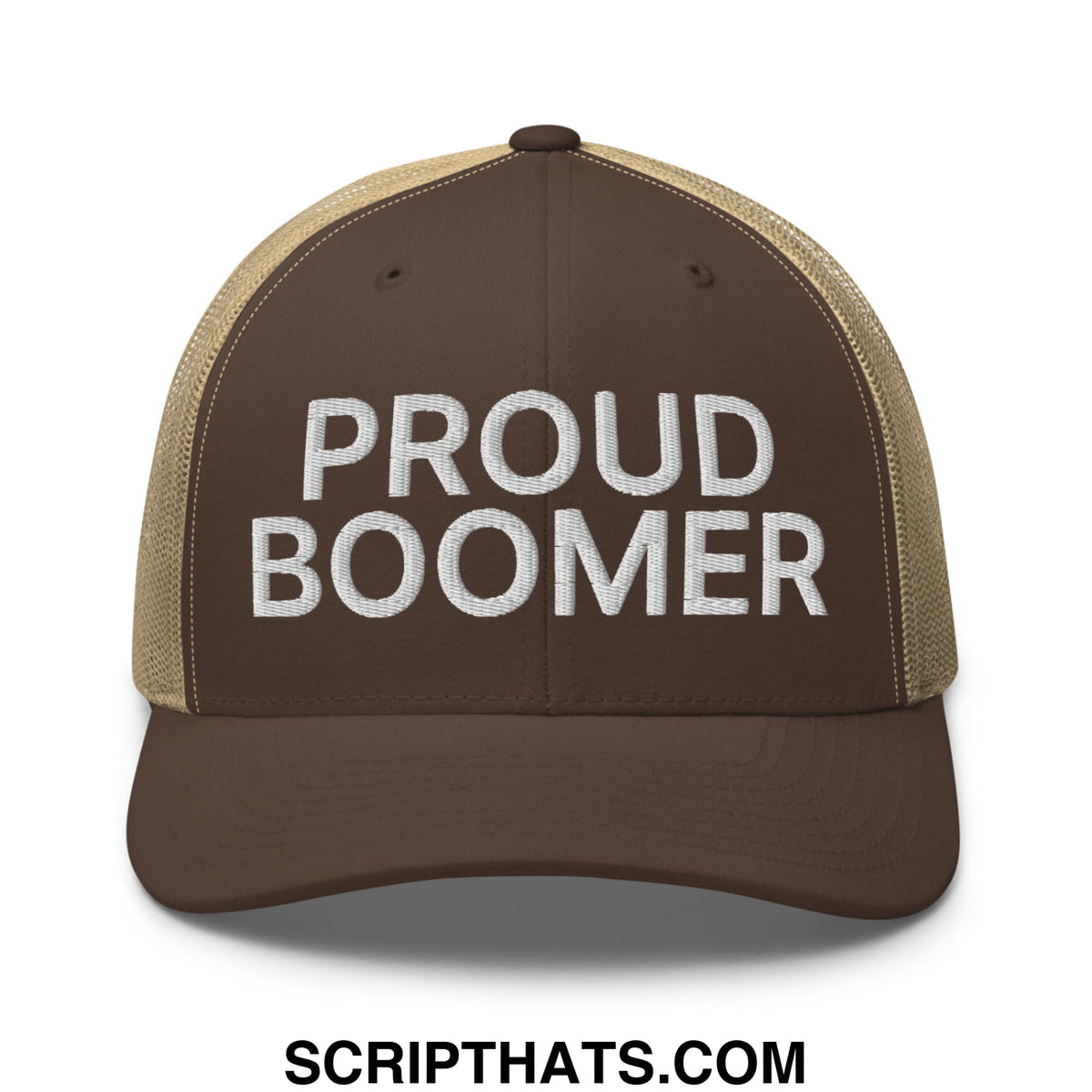 Brown and tan mesh trucker hat with proud boomer embroidered in white, perfect for casual outdoor wear