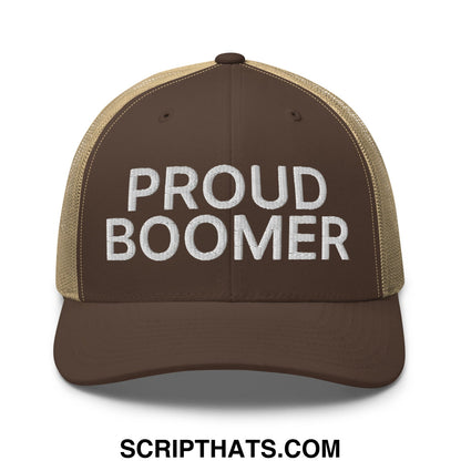 Brown and tan mesh trucker hat with proud boomer embroidered in white, perfect for casual outdoor wear
