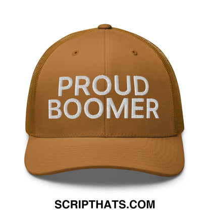A tan mesh trucker hat with white embroidered proud boomer text on the front