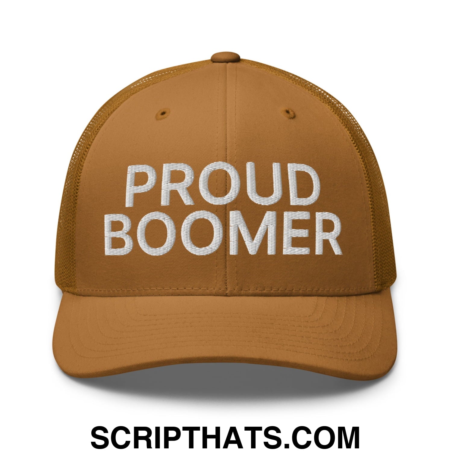 Proud Boomer Embroidered Mesh Trucker Hat Caramel