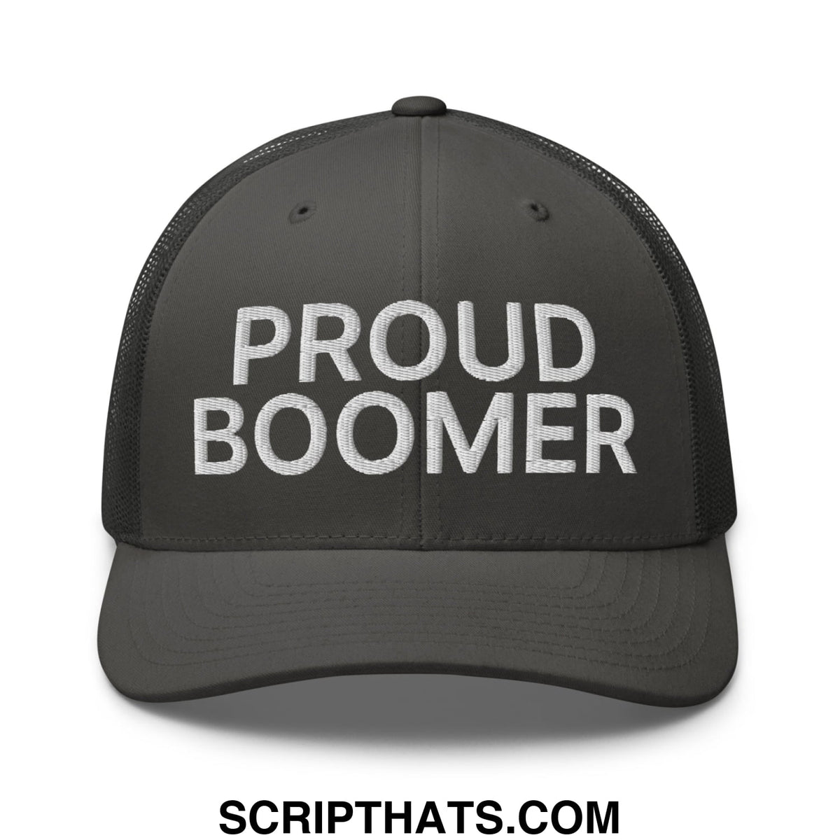 Black mesh trucker hat with white embroidered proud boomer text featuring a breathable design for casual wear