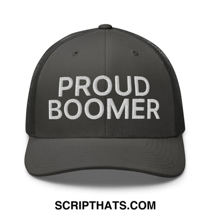 Black mesh trucker hat with white embroidered proud boomer text featuring a breathable design for casual wear