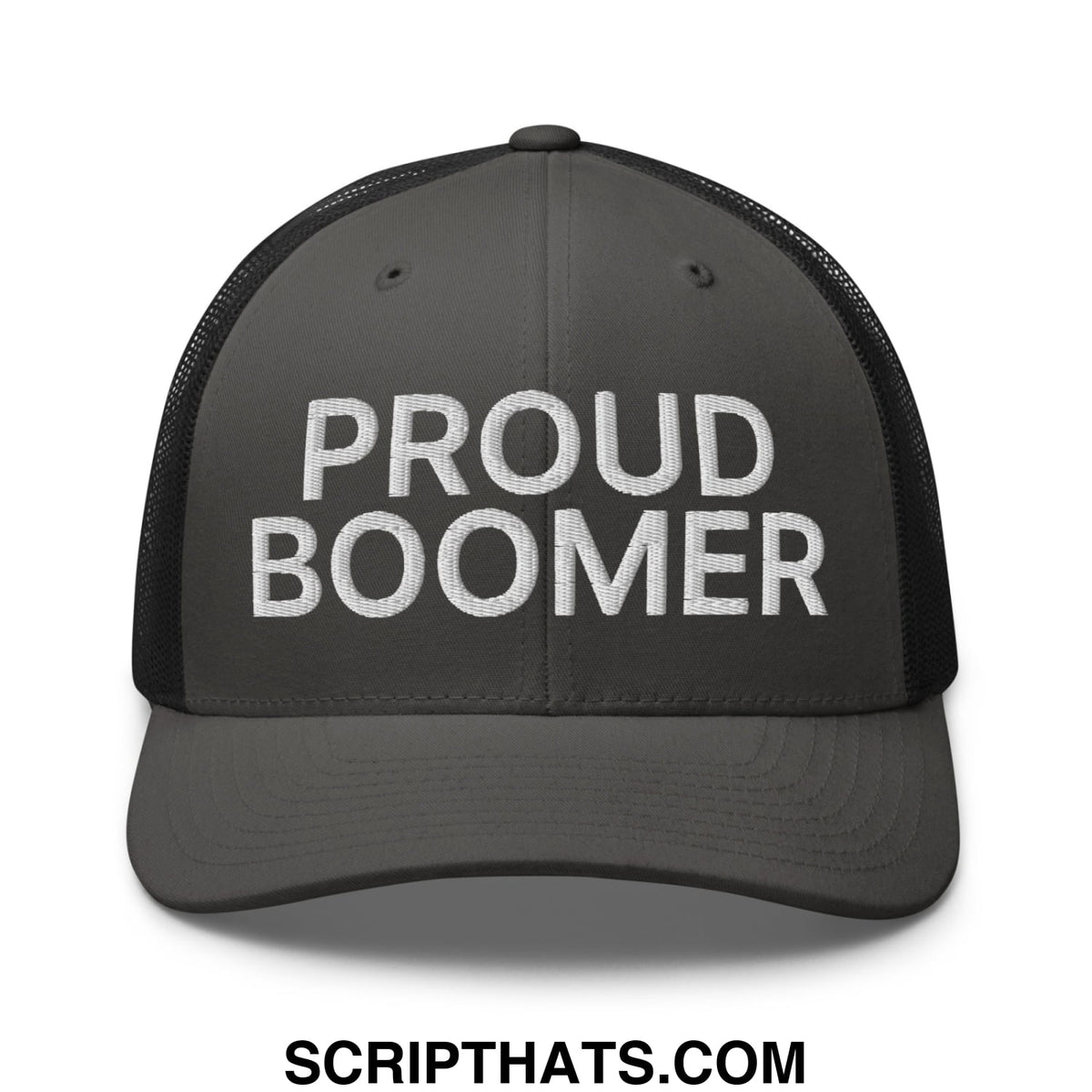 Dark gray mesh trucker hat with white embroidered proud boomer text on front panel for casual wear