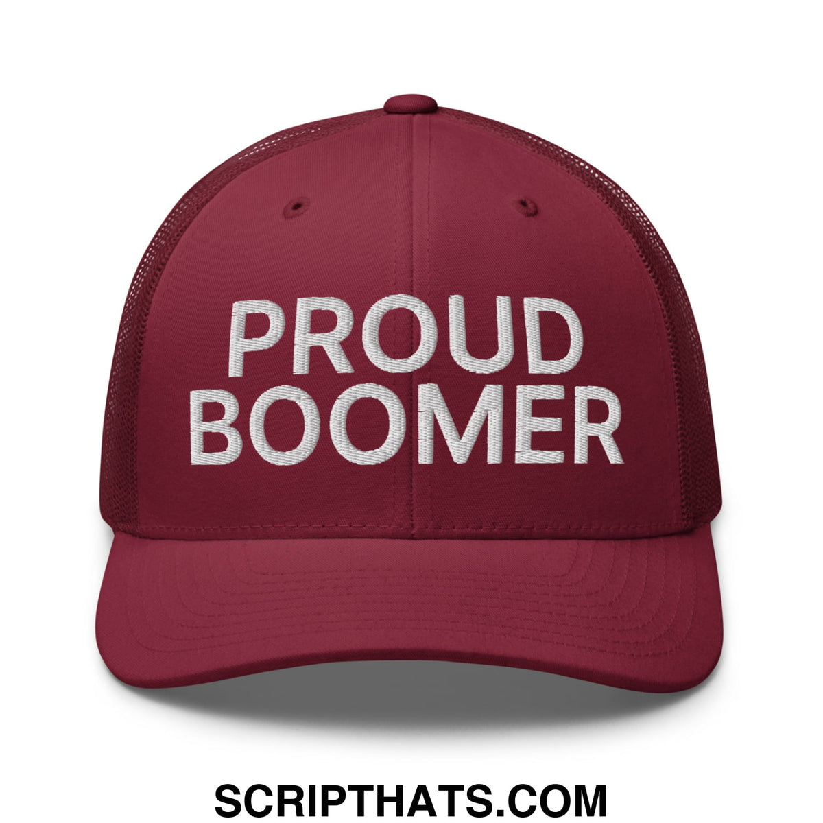 Maroon mesh trucker hat with white embroidered proud boomer text perfect for casual wear and sun protection
