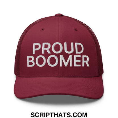 Maroon mesh trucker hat with white embroidered proud boomer text perfect for casual wear and sun protection