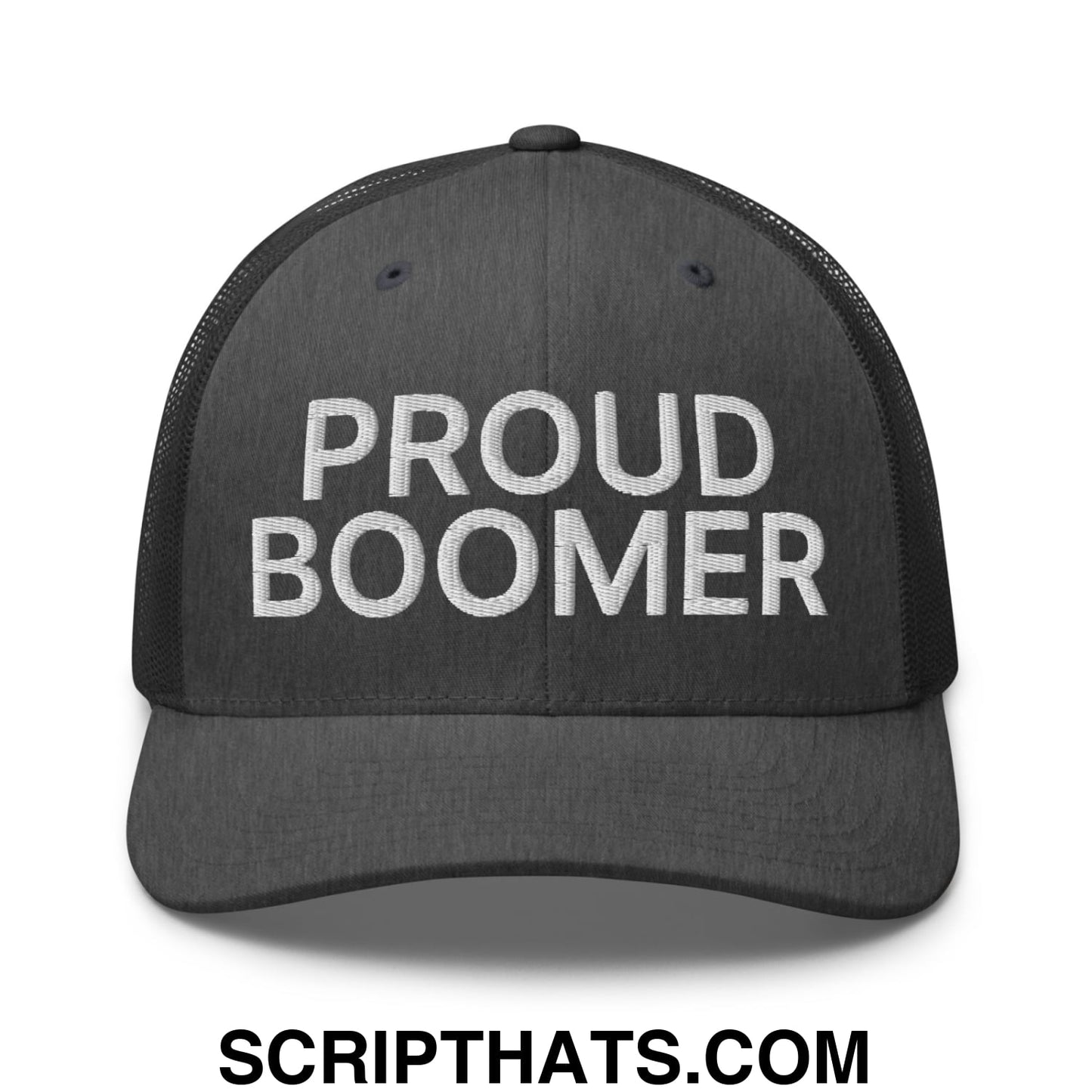 Proud Boomer Embroidered Mesh Trucker Hat Dark Heather Gray
