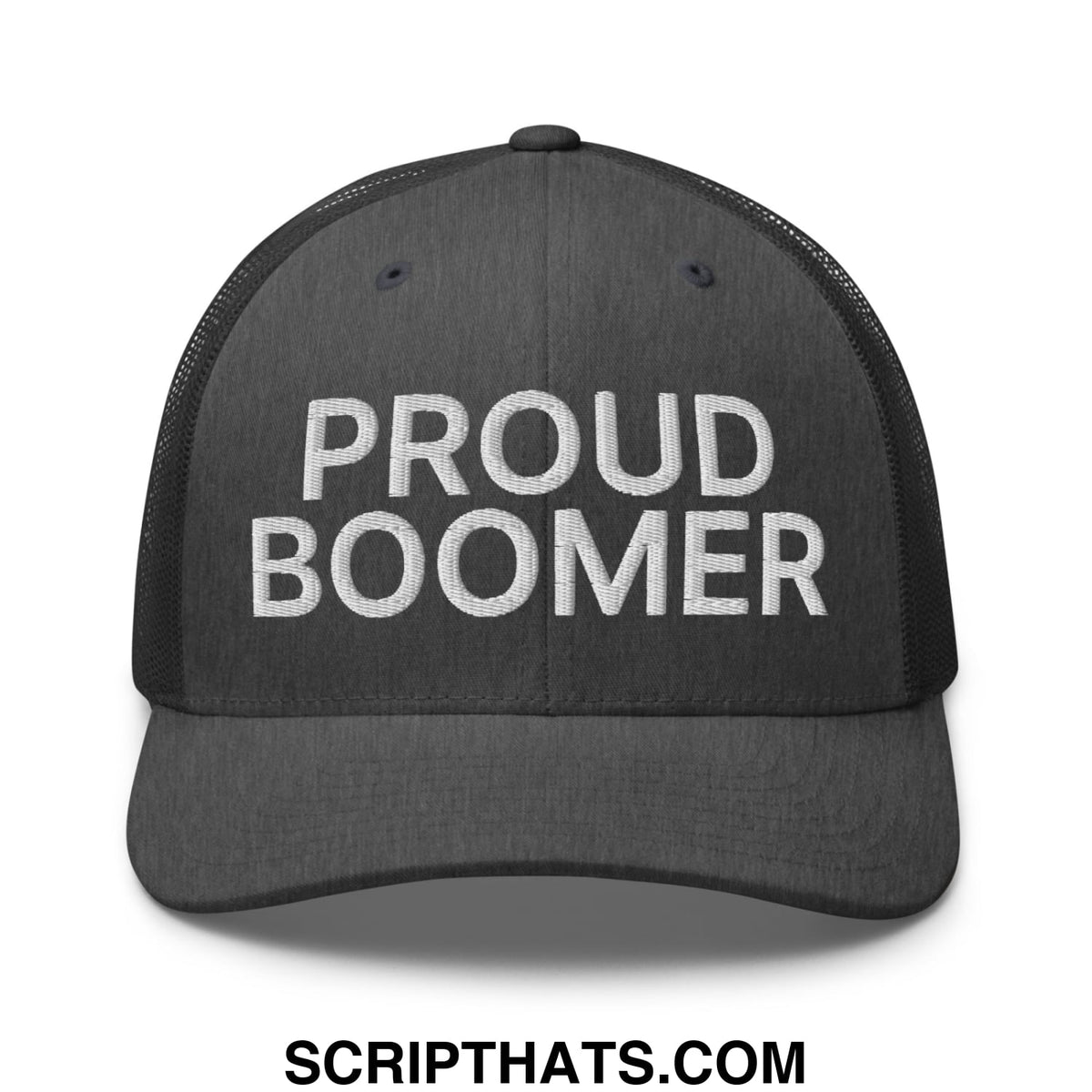 Black mesh trucker hat with white embroidered proud boomer text perfect for casual wear