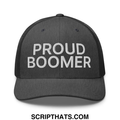 Black mesh trucker hat with white embroidered proud boomer text perfect for casual wear