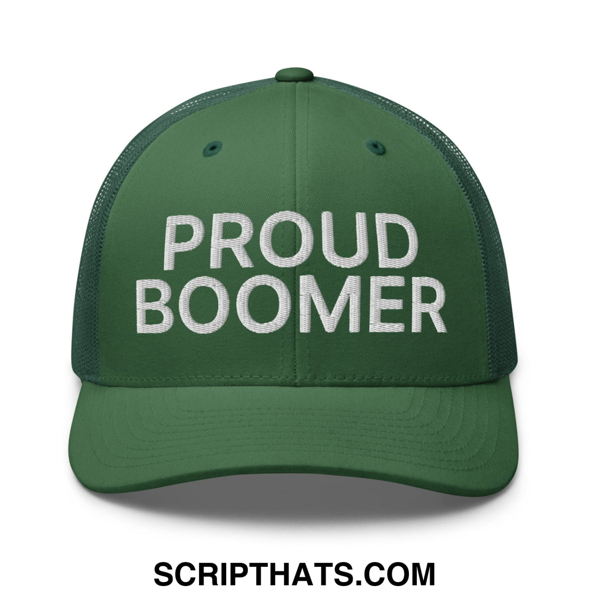Dark green mesh trucker hat with white embroidered proud boomer text across the front panel