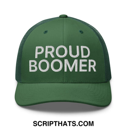Dark green mesh trucker hat with white embroidered proud boomer text across the front panel