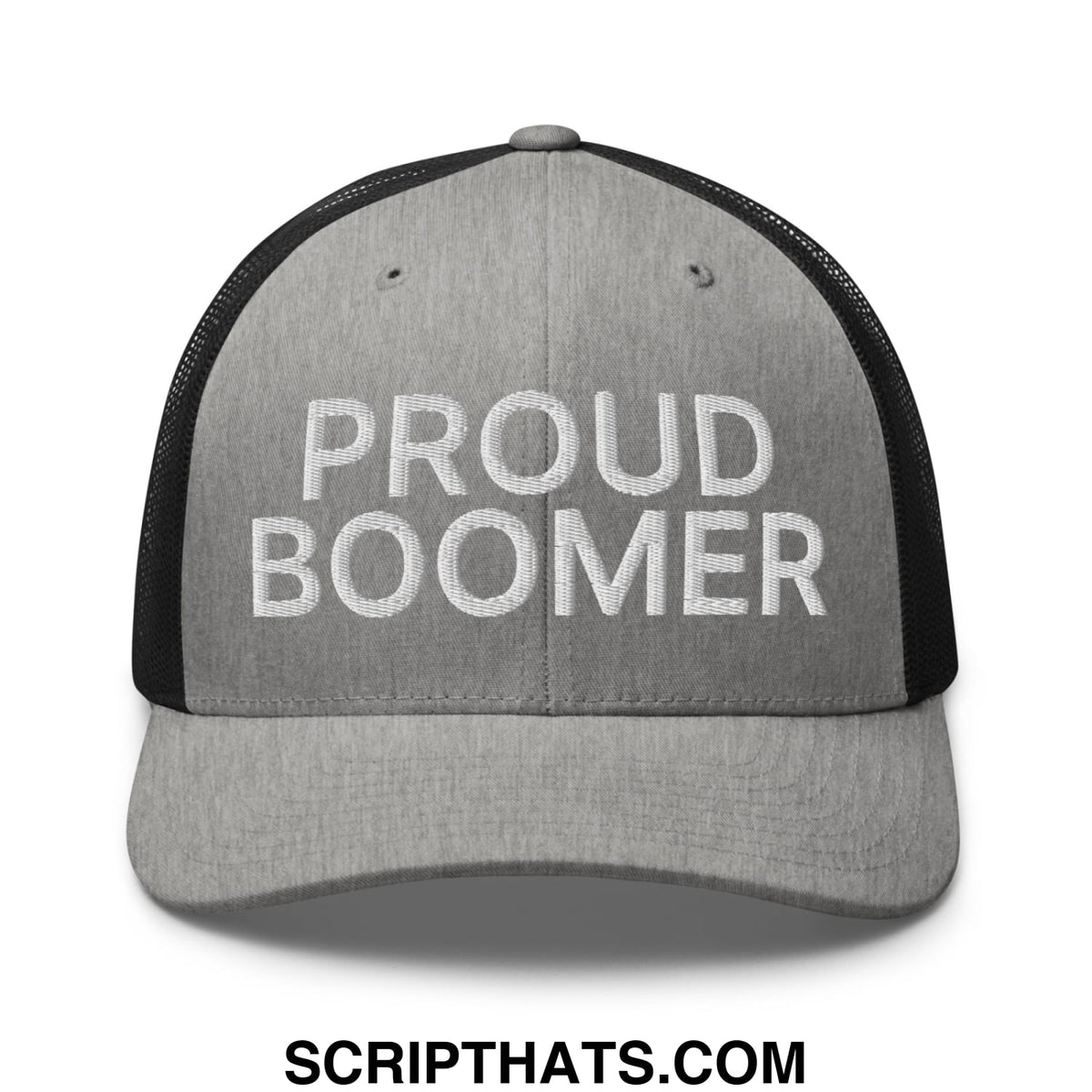 Gray and black mesh trucker hat with proud boomer embroidered in white on front panel