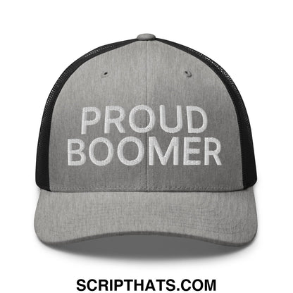 Gray and black mesh trucker hat with proud boomer embroidered in white on front panel
