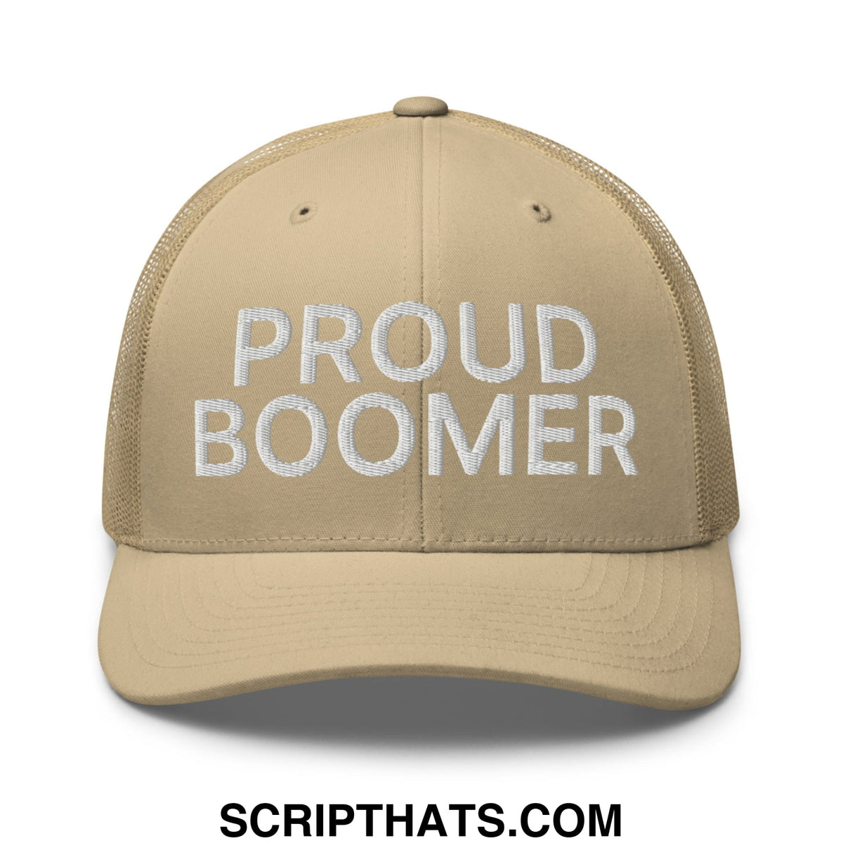 Beige mesh trucker hat featuring white embroidered proud boomer text for casual outdoor wear
