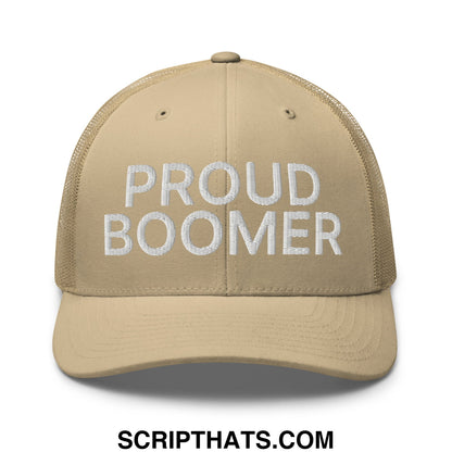 Beige mesh trucker hat featuring white embroidered proud boomer text for casual outdoor wear