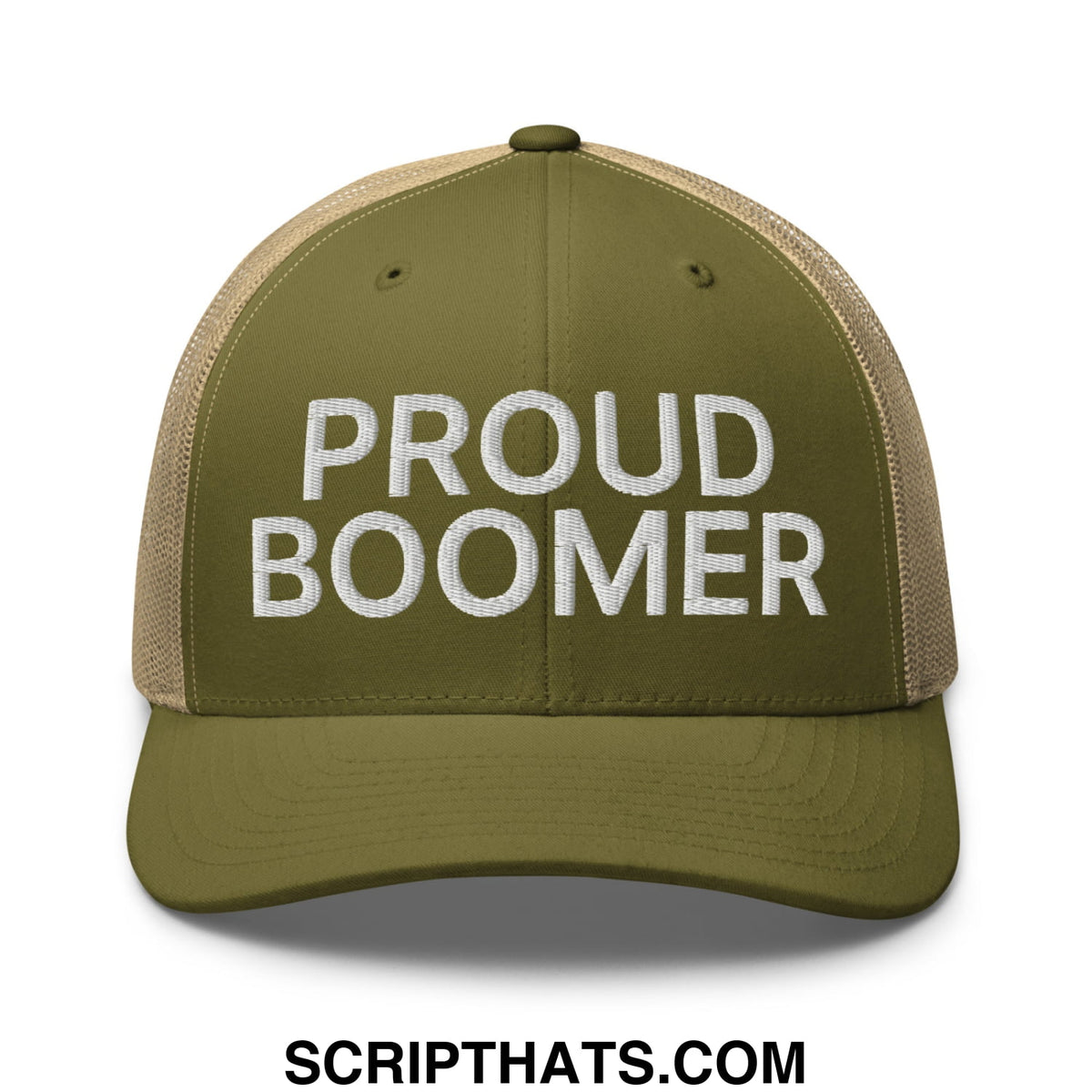 Olive green and tan mesh trucker hat with white embroidered proud boomer text on front panel