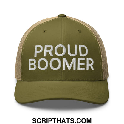 Olive green and tan mesh trucker hat with white embroidered proud boomer text on front panel