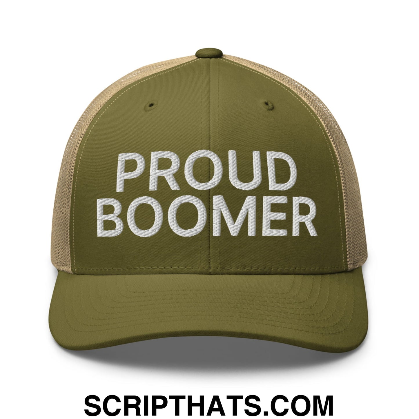 Proud Boomer Embroidered Mesh Trucker Hat Moss Khaki