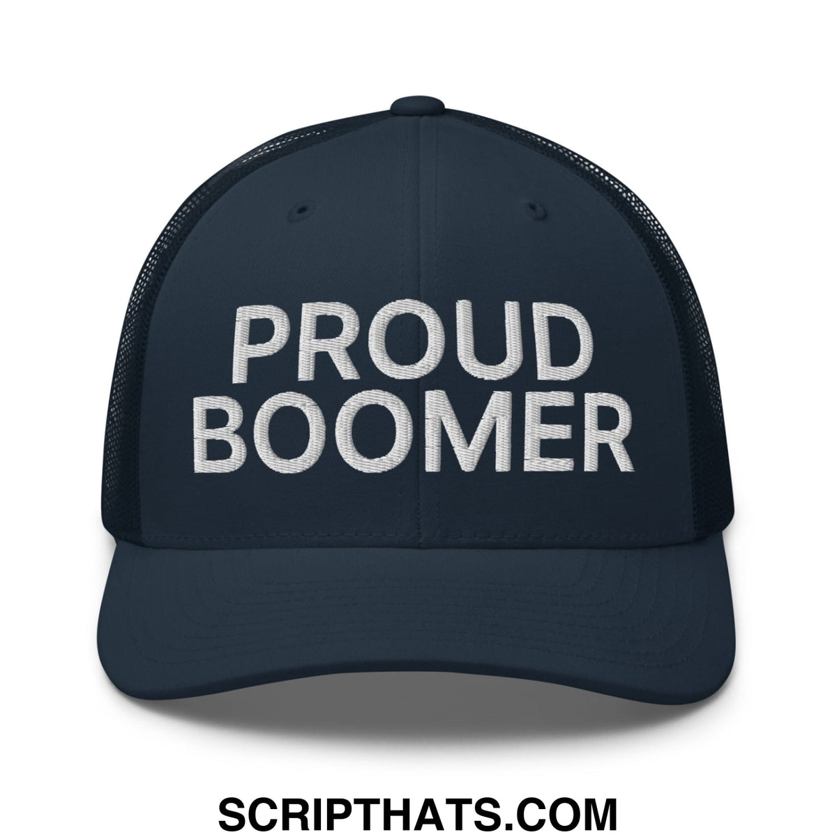 Navy blue mesh trucker hat with white embroidered proud boomer text across the front for casual wear
