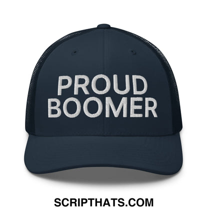Navy blue mesh trucker hat with white embroidered proud boomer text across the front for casual wear