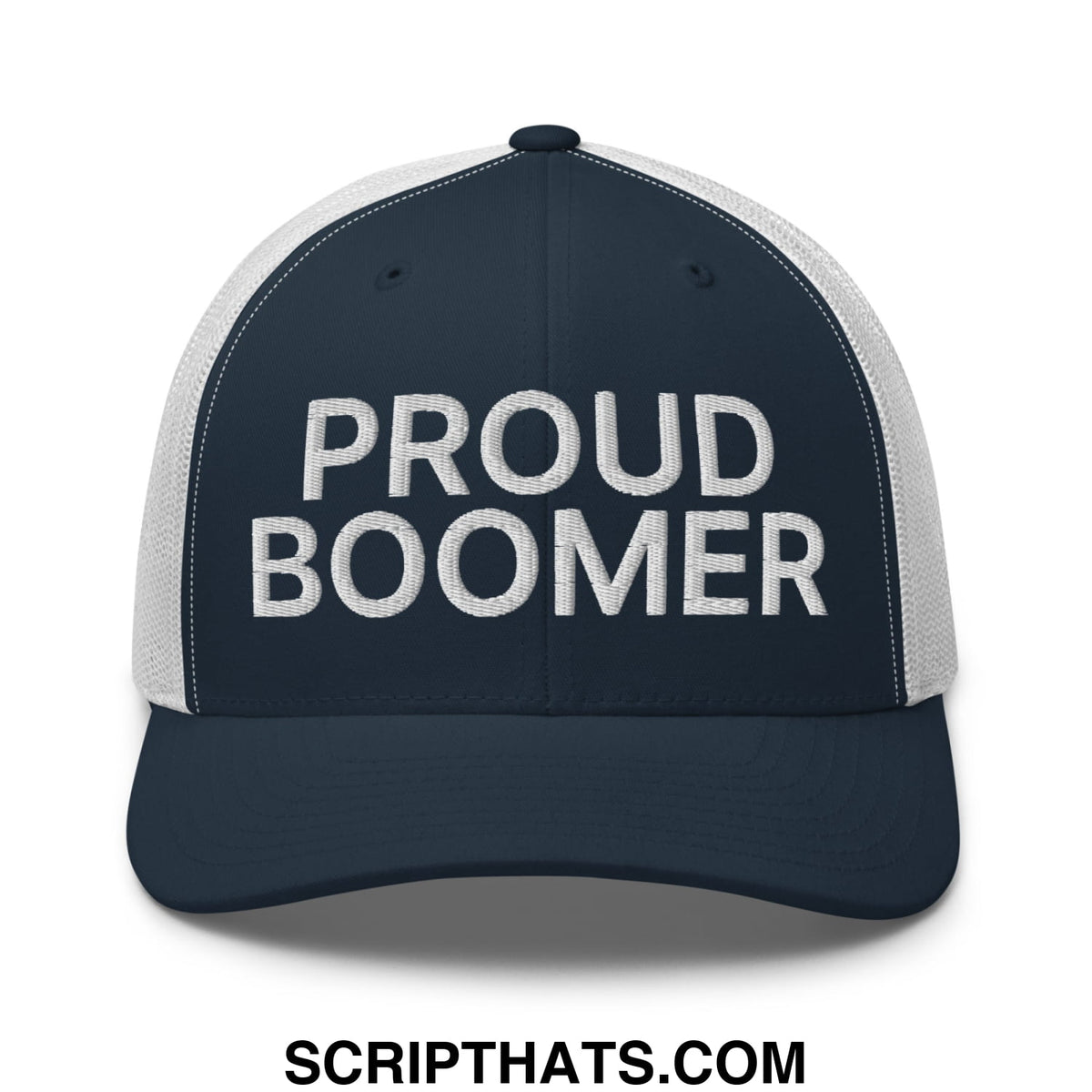 Navy blue and white mesh trucker hat with proud boomer embroidered in bold textured silver thread on front