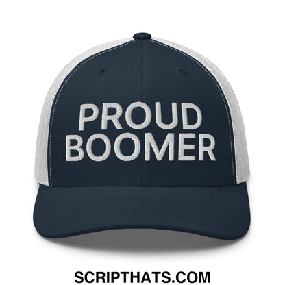 Navy blue and white mesh trucker hat with proud boomer embroidered in bold textured silver thread on front