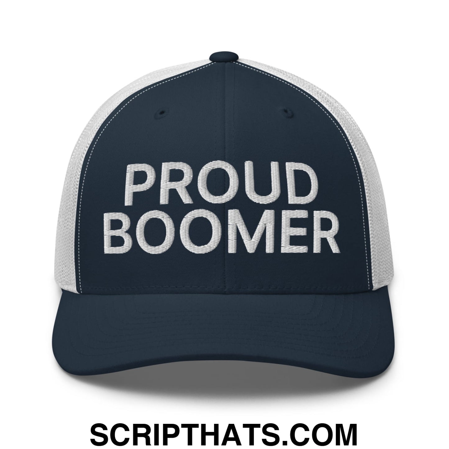Proud Boomer Embroidered Mesh Trucker Hat Navy White