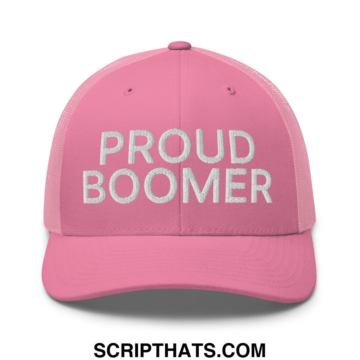 Pink mesh trucker hat with white embroidered proud boomer text designed for casual wear and sun protection