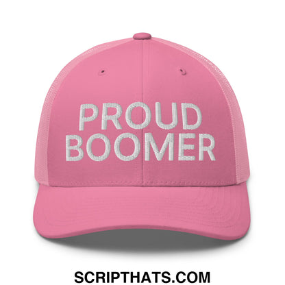 Pink mesh trucker hat with white embroidered proud boomer text designed for casual wear and sun protection