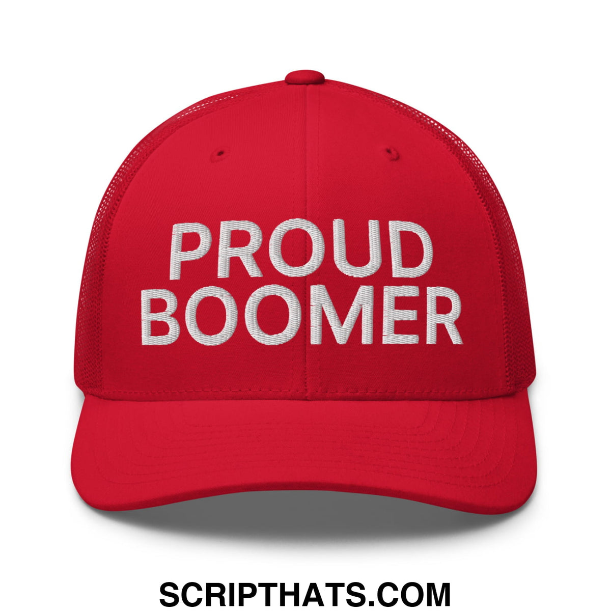 Red mesh trucker hat with white embroidered proud boomer text featuring breathable design