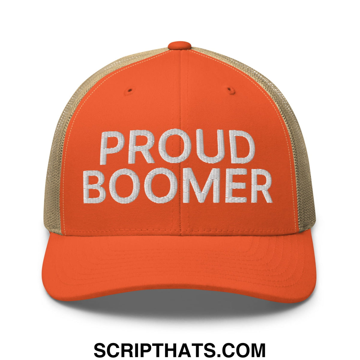 Orange and beige mesh trucker hat with proud boomer embroidered in white on the front panel