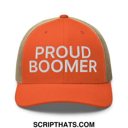 Orange and beige mesh trucker hat with proud boomer embroidered in white on the front panel