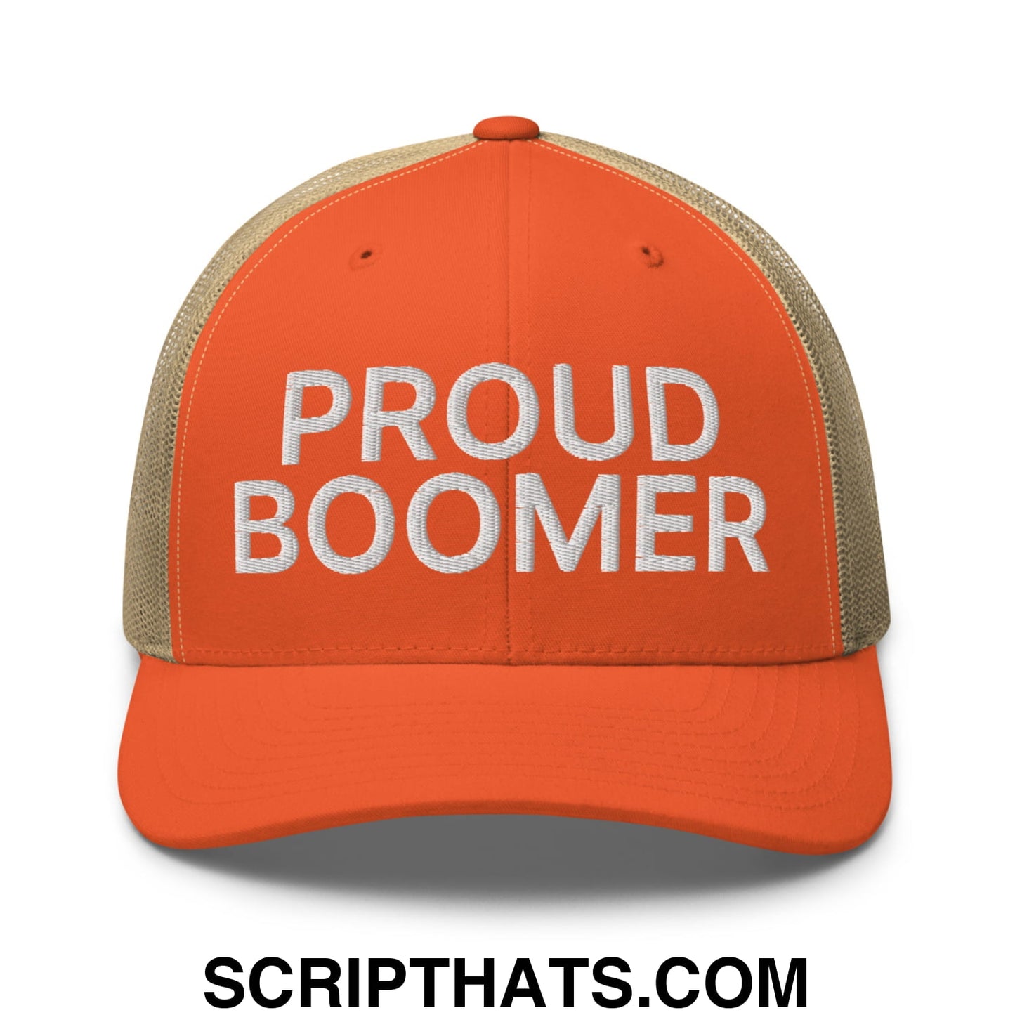 Proud Boomer Embroidered Mesh Trucker Hat Rustic Orange Khaki