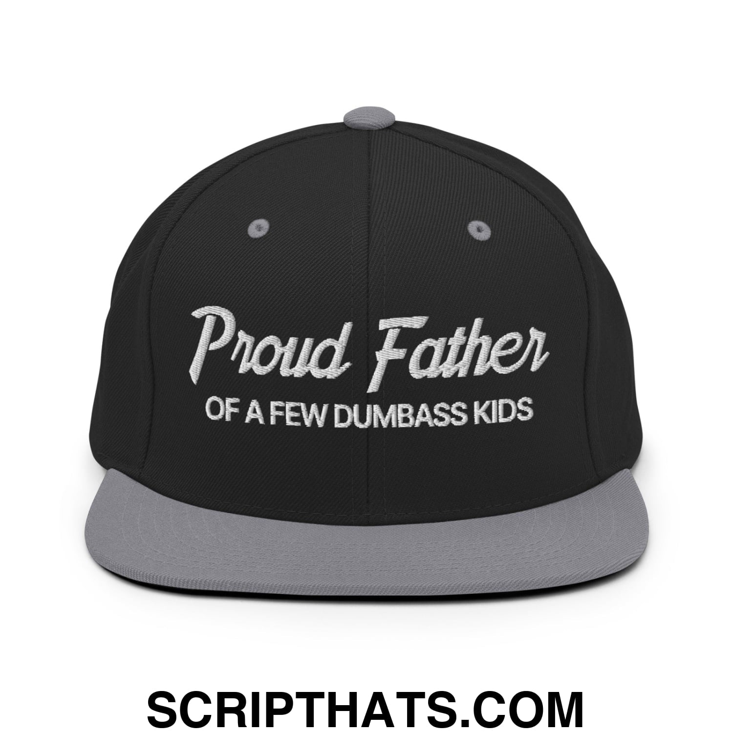 Proud Father of a few Dumbass Kids Embroidered Flat Bill Brim Snapback Hat Black Silver
