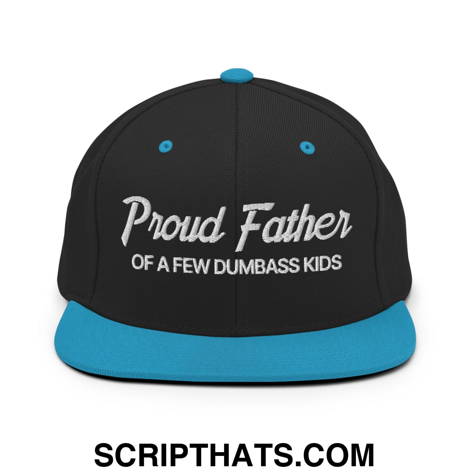 Proud Father of a few Dumbass Kids Embroidered Flat Bill Brim Snapback Hat Black Teal