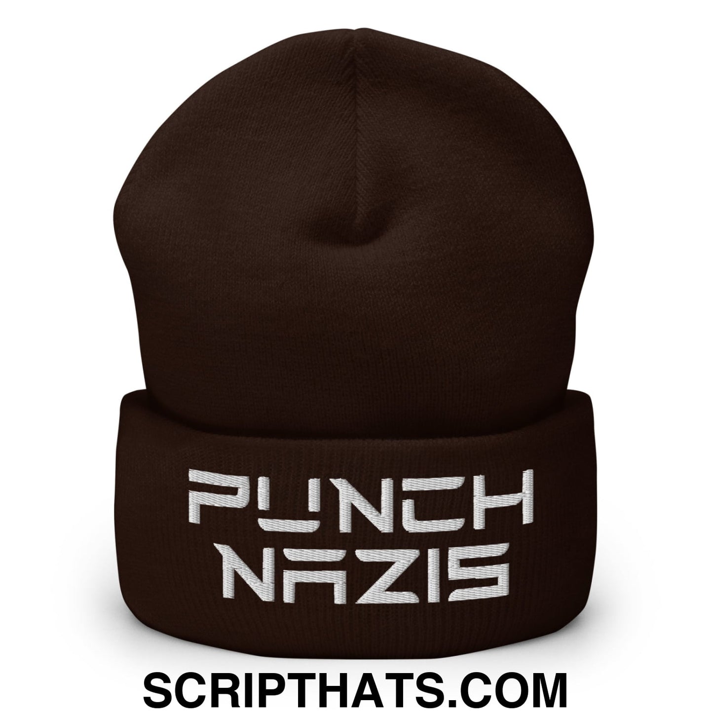 Punch Nazis Elon Musk Embroidered Cuffed Knit Beanie Brown