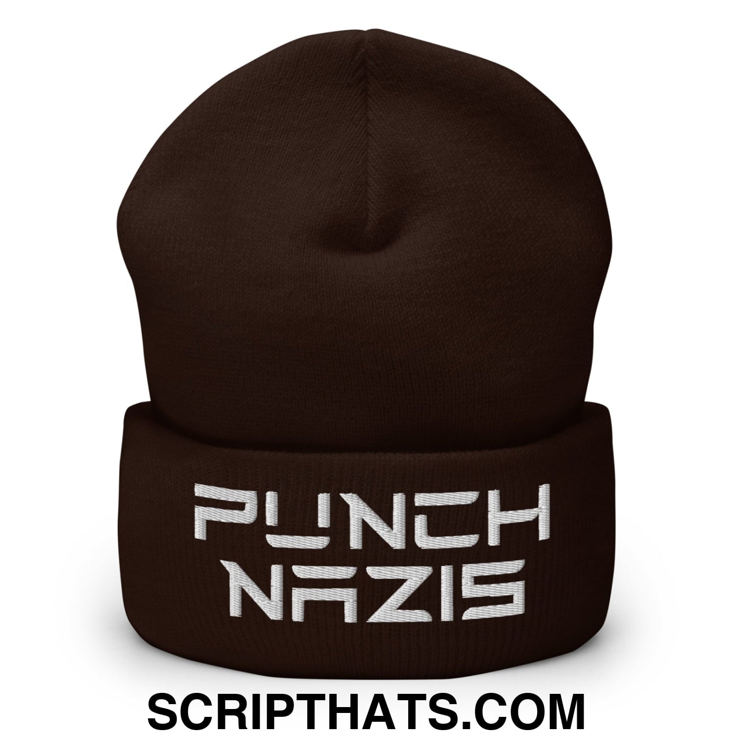 Punch Nazis Elon Musk Embroidered Cuffed Knit Beanie Brown