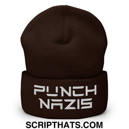 Punch Nazis Elon Musk Embroidered Cuffed Knit Beanie Brown
