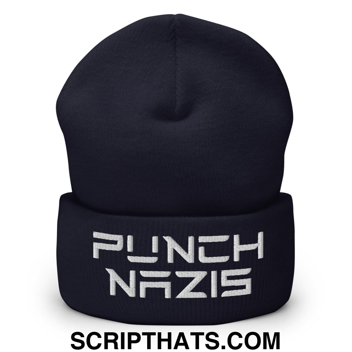 Punch Nazis Elon Musk Embroidered Cuffed Knit Beanie Navy